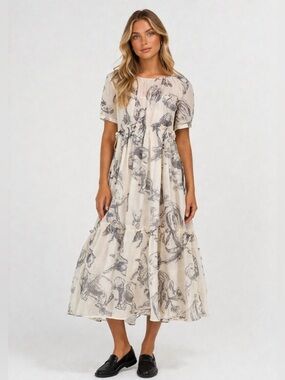 Seraé Ruby Floral Dress Womens M White Toile Print Tiered Midi Lined Boho